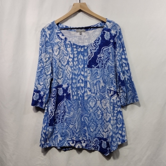 Habitat Paisley Asymmetrical Blouse Womens L Blue Artsy Retro 90s Cottagecore - Picture 2 of 9